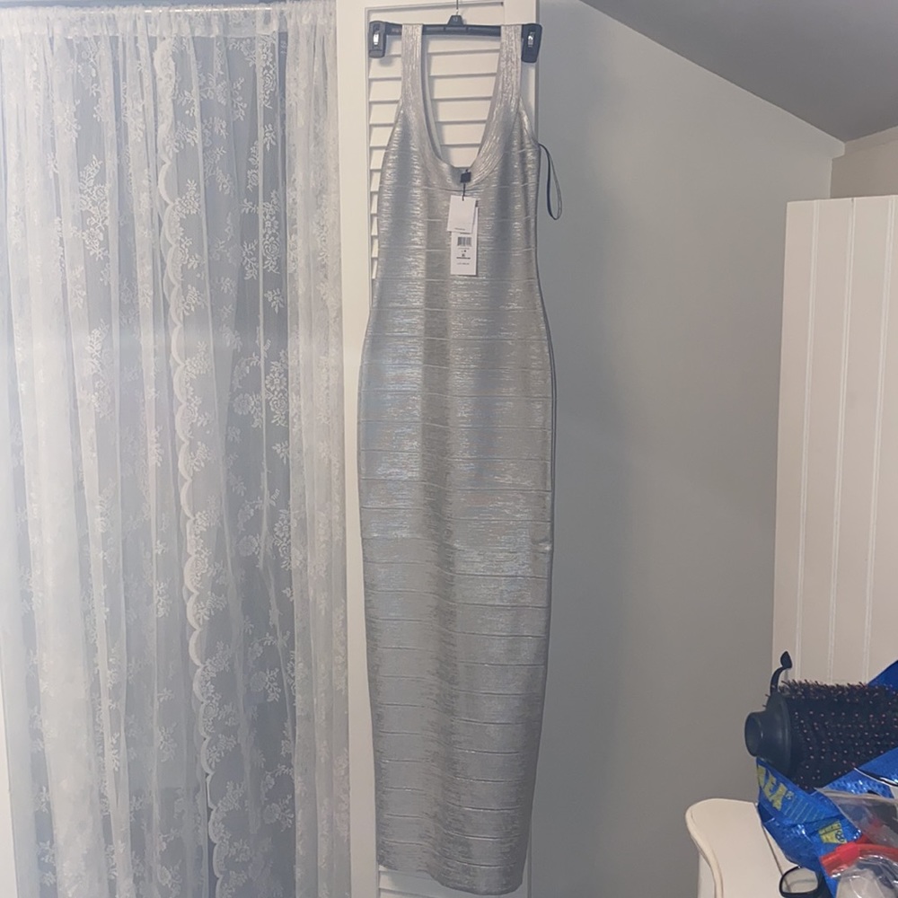 NWT Silver Foil Herve Leger Long Cocktail Dress - Picture 8 of 13